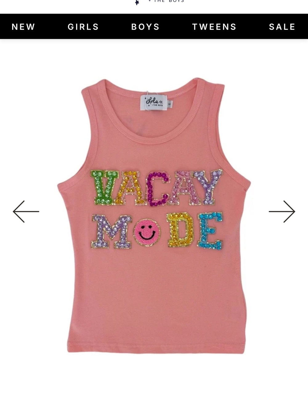 Lola and the boys vacay mode crystal top two sizes available